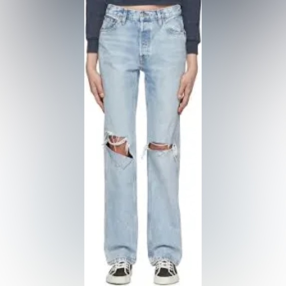 PRINCESS POLLY light wash distressed straight baggy jeans